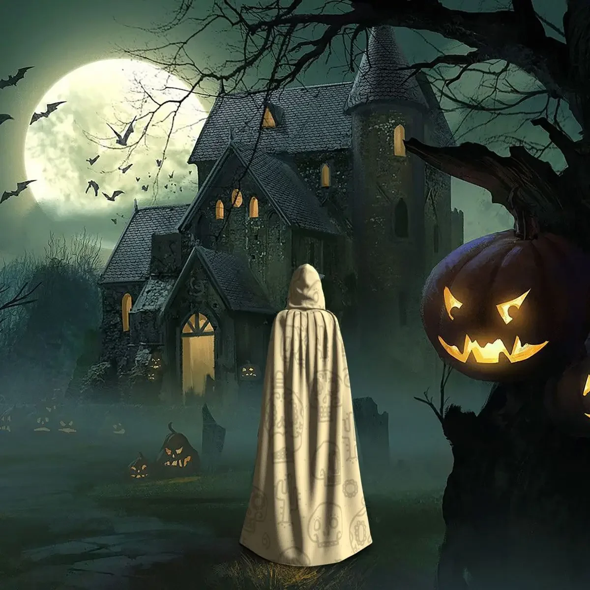 Capa con capucha de Vector sin costuras para hombres y mujeres, calaveras de azúcar, arena, Cosplay de fiesta de Halloween, bata larga de brujería, capucha