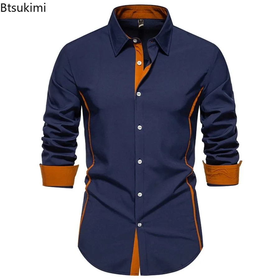 2025 New Men's Long Sleeved Lapel Shirts Fashion Color Blocking Design Business Social Casual Shirts Autumn Winter Men Clothing