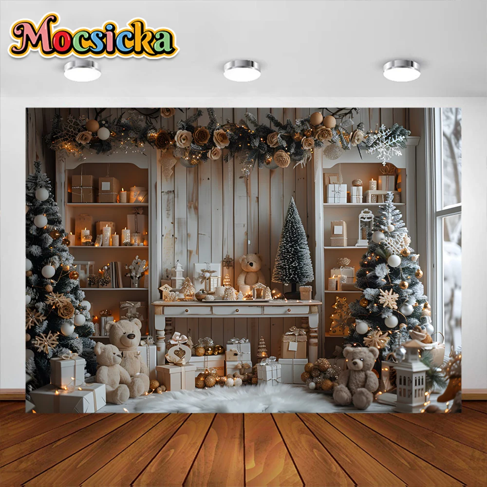 Christmas Photography Backdrops Cute Bears Gift Xmas Tree Fireplace Children Family Portrait Photo Background Studio Props