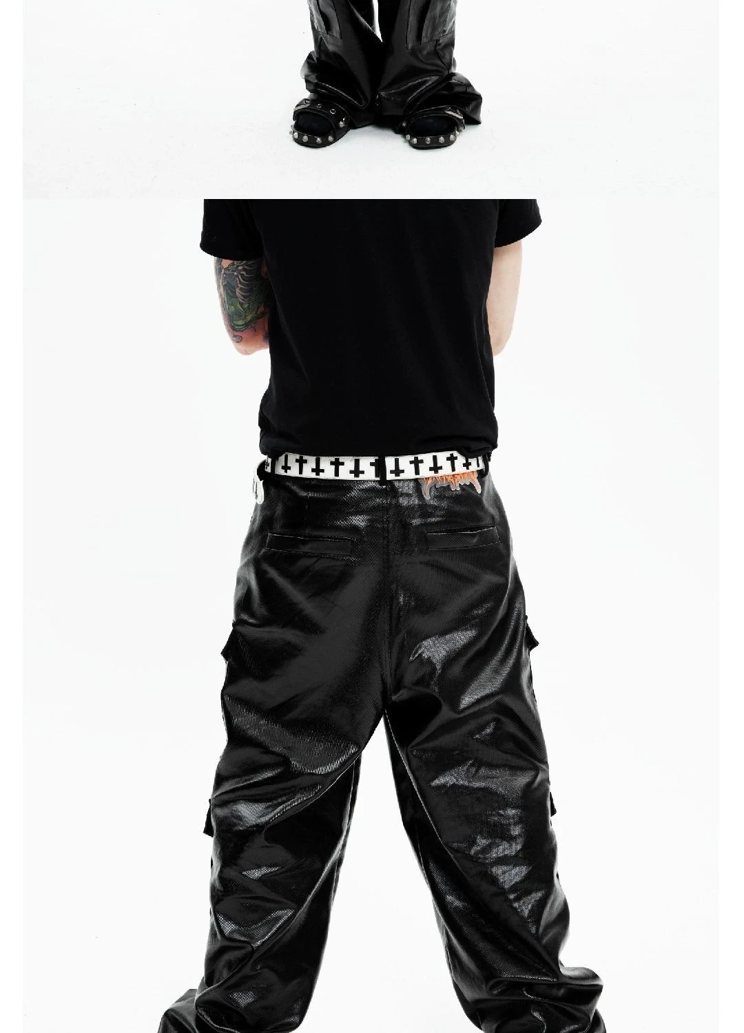 Black and white leather patchwork cross casual leather handmade elastic waistband fashion decoration clothing