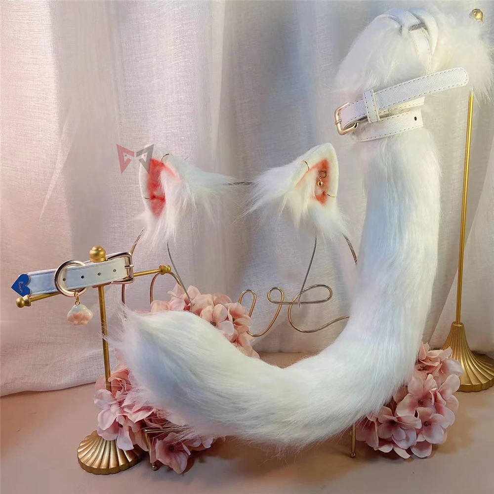 New Handmade Work White Cat Ears Hairhoop Tail Necklace Earrings Cosplay Carnaval Gothic Lolita Acessories Hair Hoop Headwear