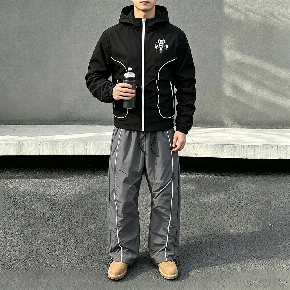 Conjunto Deportivo de 2 Piezas para Hombre, Chaqueta con Capucha y Cremallera con Estampado de Gorila y Mancuernas, Pantalones con Cordón Ajustable, Ropa Deportiva para Correr y Uso Diario