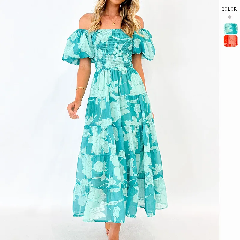 

HMR-2024Summer Women's off-Neck Chiffon Puff Sleeve Layered Printing Dress