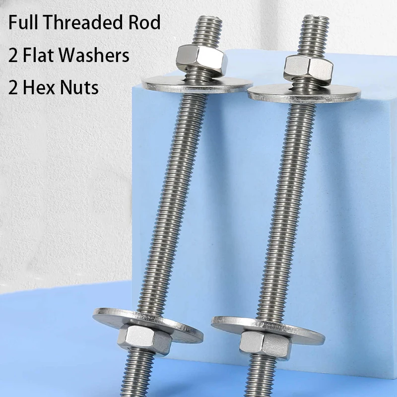 Full Threaded Rod Nut Set M6 M8 M10 M12 304 Stainless Steel Stud Rods Screws Includes 2 Flat Washers/2 Hex Nuts Length150-500mm