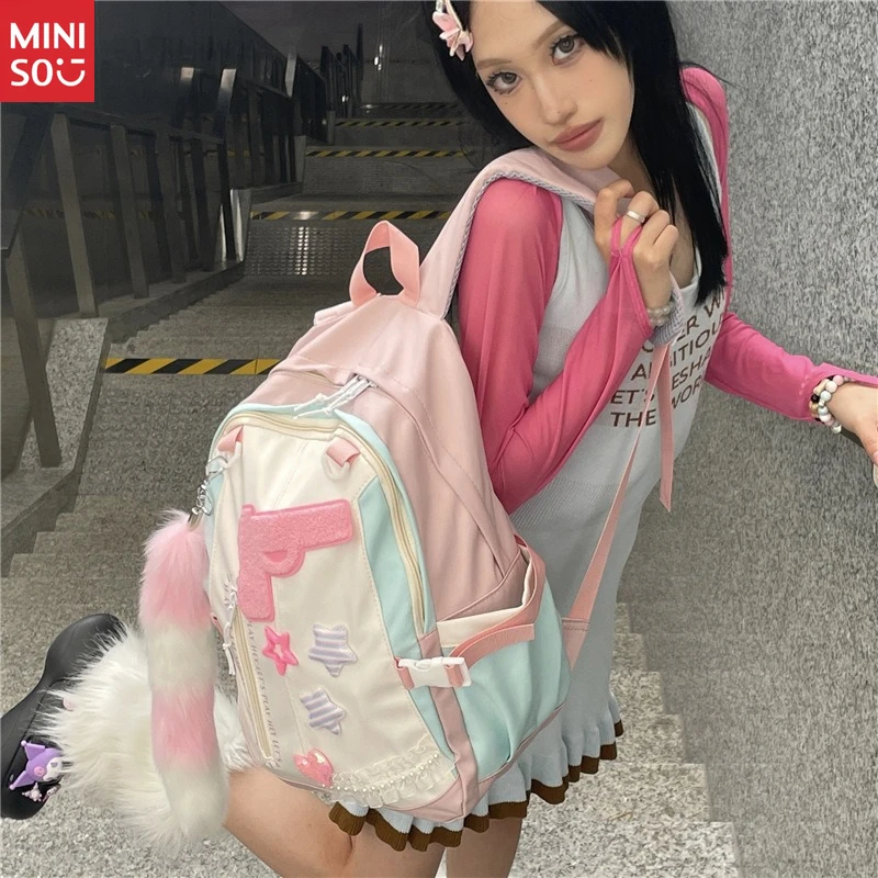 

Miniso Pink Gun Tail Backpack | Edgy Cute Design, Large Capacity Girls Bag