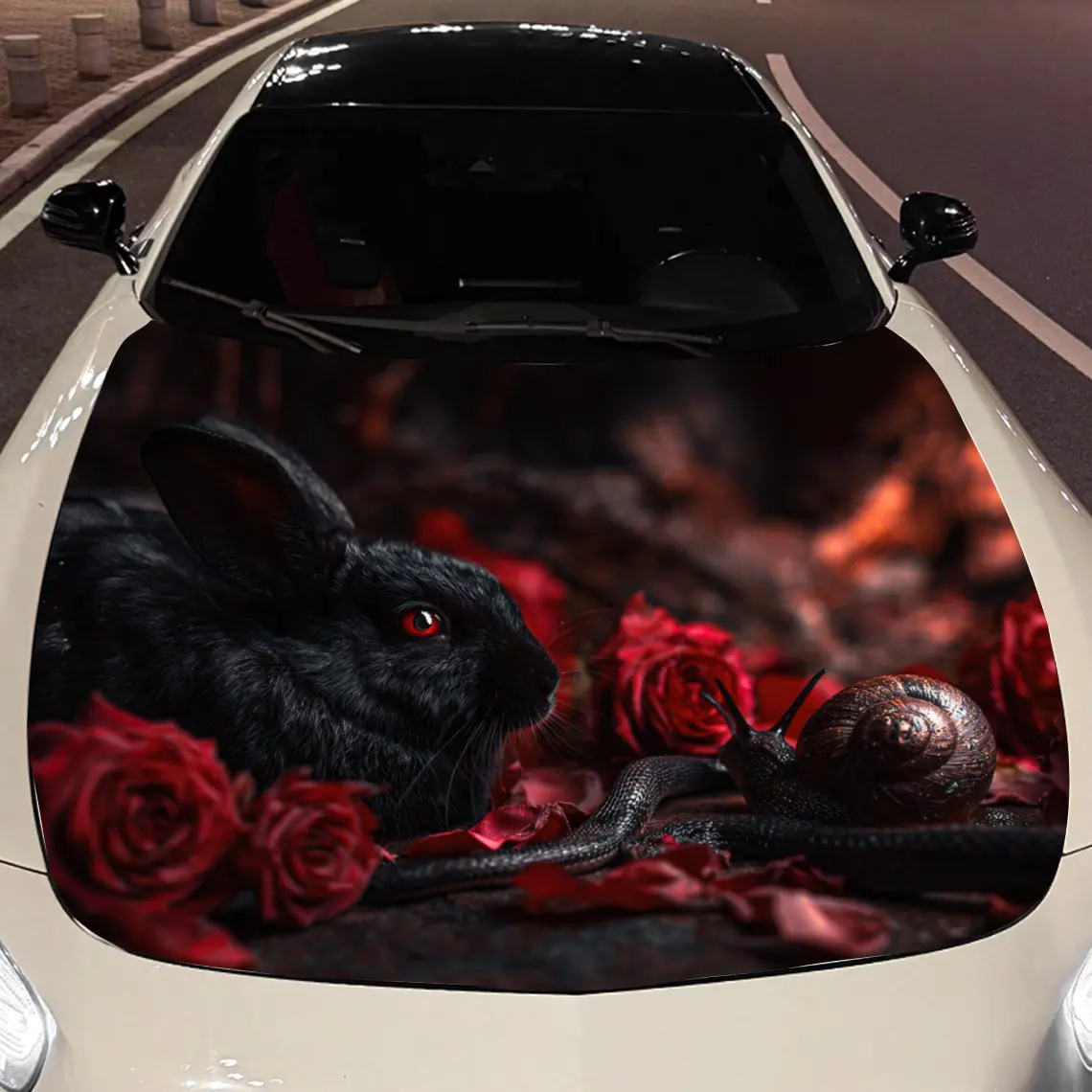 

Black Rabbit Snail and Rose Car Vinyl Wrap, PVC Material Waterproof Car Hood Sticker, Self-Adhesive Scratch-Resistant Stickers f