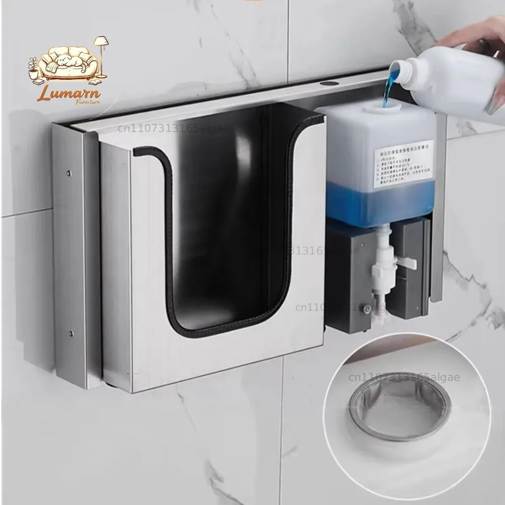 Commercial Embedded Stainless Steel Hidden Mirror Automatic Induction Soap Liquid Tissue Dispenser 2-in-1 Function