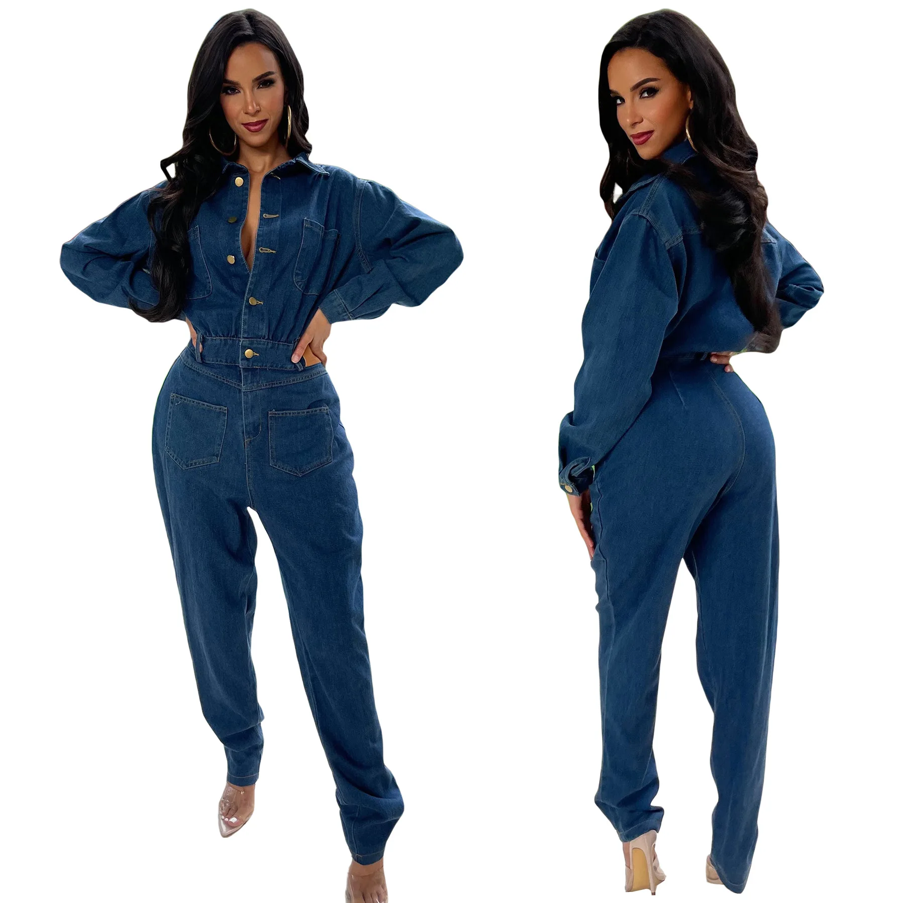 

Women Jumpsuit Autumn Winter Fashion Long Sleeve Pockets Slim Pencil Pants Denim Jumpsuit Streetwear Casual Lady Jeans Jumpsuit