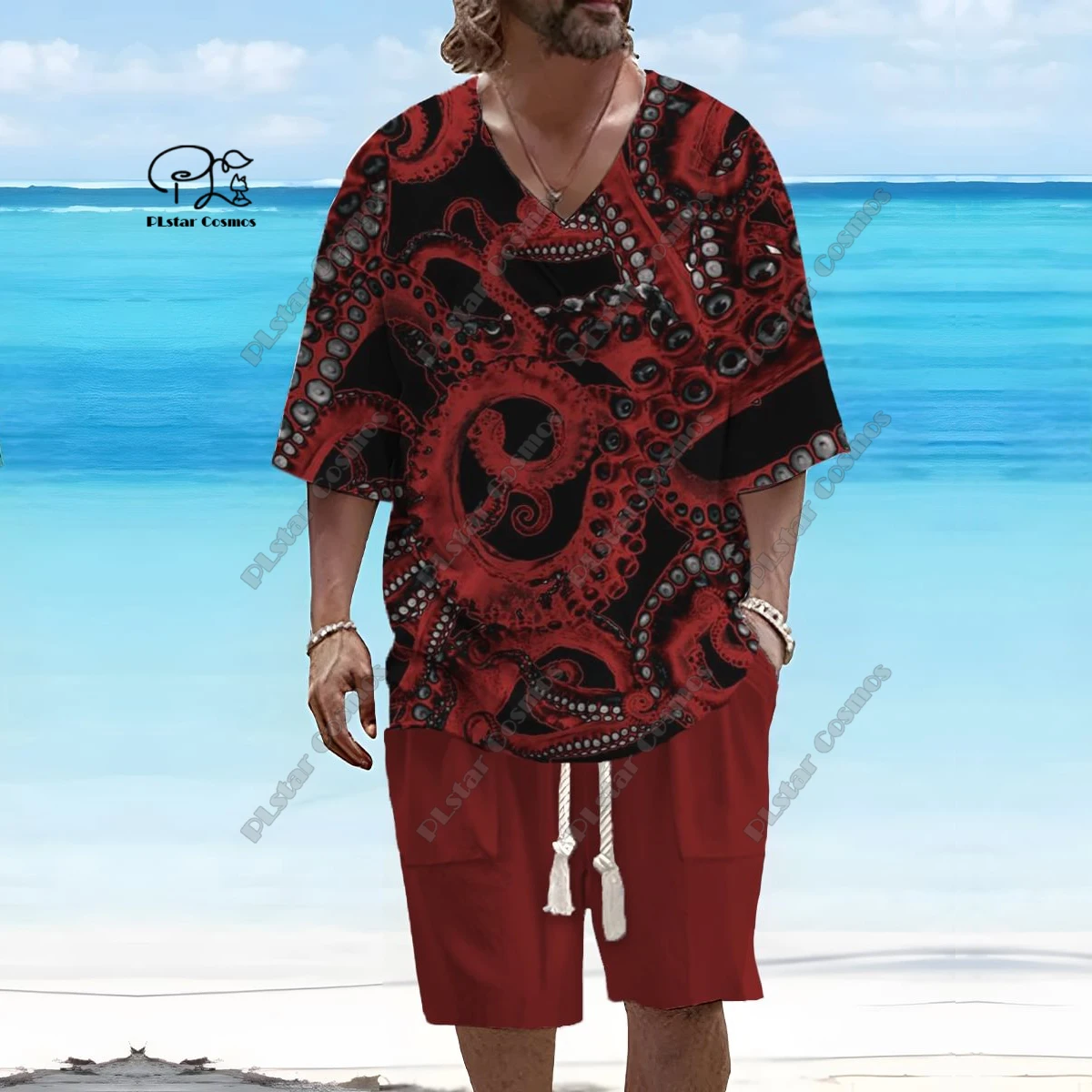 PLstar Cosmos 3D printed new men's V-neck gradient retro pattern short sleeved shorts T-shirt suit casual series T-16