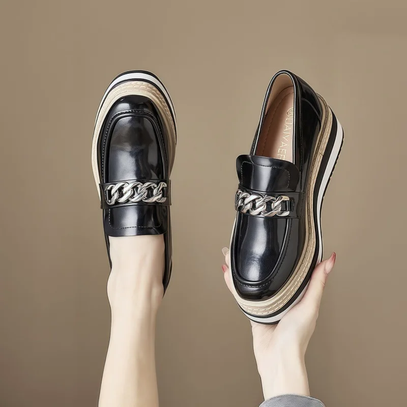 

Platform Wedge Shoes Woman Metal Decoration Square Toe Loafer Shallow Slip on Heightening Shoes Patent Leather Oxford Black Pump