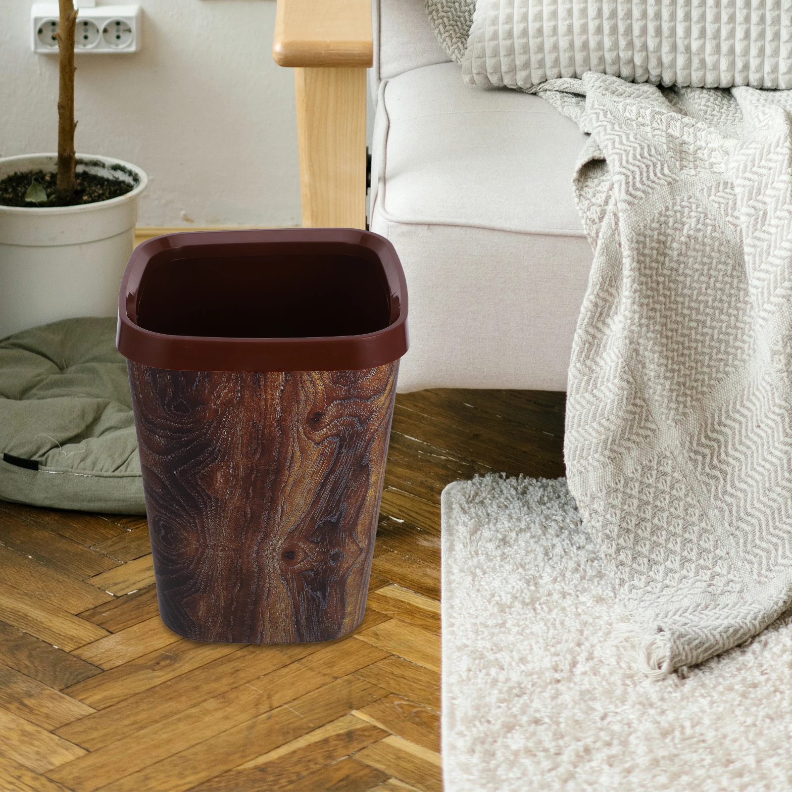 

Wood Grain Trash Can Vintage Kitchen Bathroom Waste Storage Bucket Garbage Can Smooth Surface Easy Cleaning Modern Style