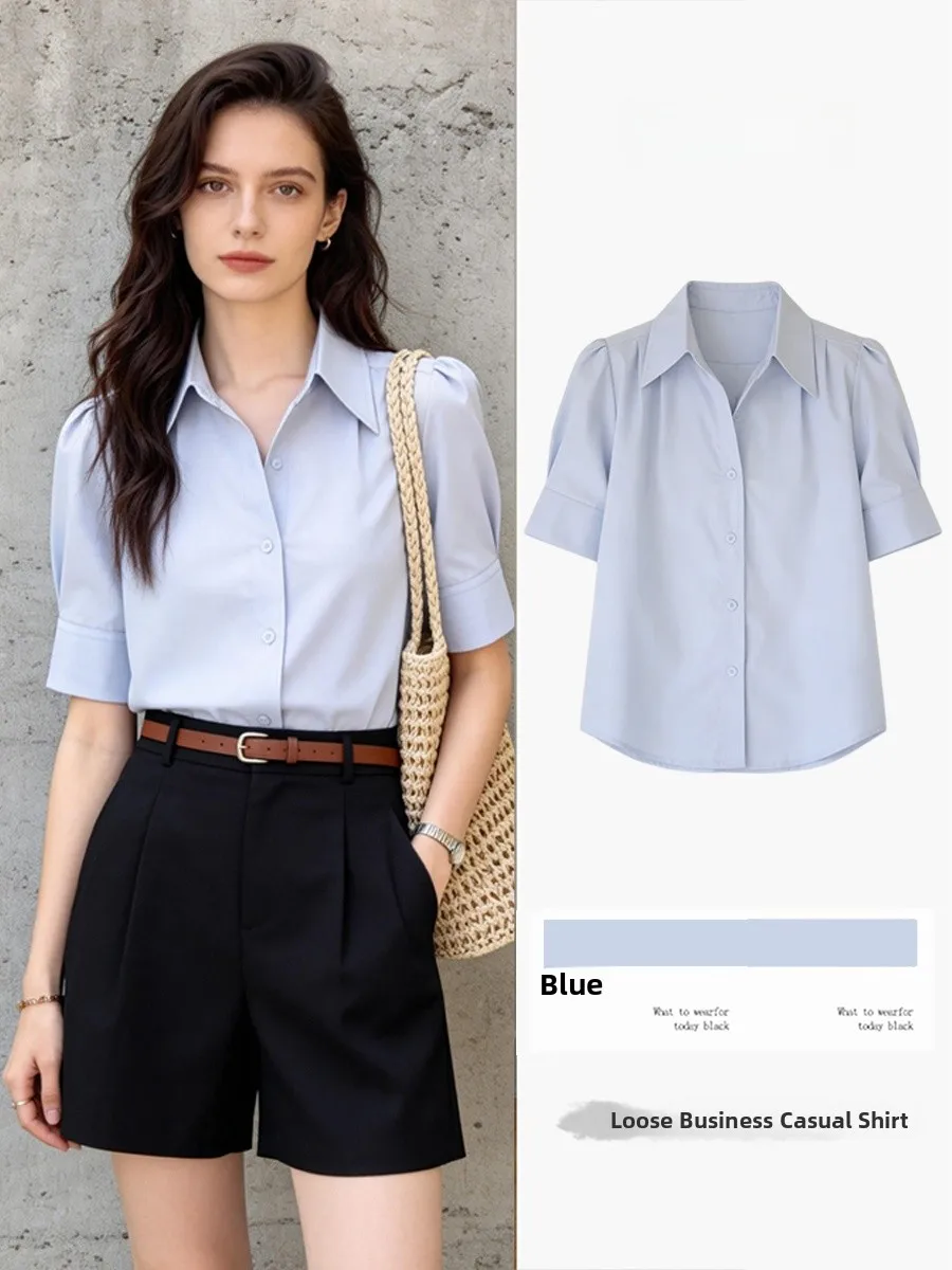 

Синяя женская летняя блузка в корейском стиле, новинка, с коротким рукавом, для офиса, приталенная, профессиональная, элегантная, формальная.