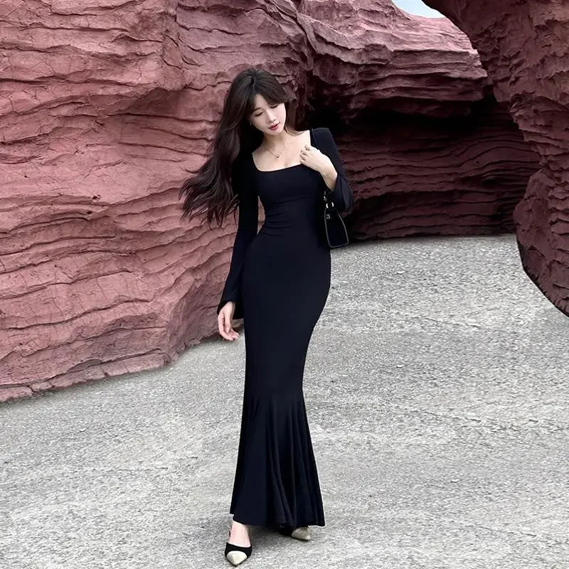 مزاجه الراقية سليم صالح خطوة بخطوة لوتس تنورة طويلة ساحة طوق بأكمام طويلة ذيل السمكة ملفوفة الورك فستان مع المؤنث