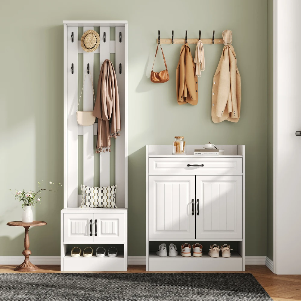 PINGGO Garderobenset, Wandschrank mit Schuhregal, 8 Haken, 4 Türen, 1 Schublade, weiße Flurmöbel, 125 x 36 x 190 cm – Detail 6