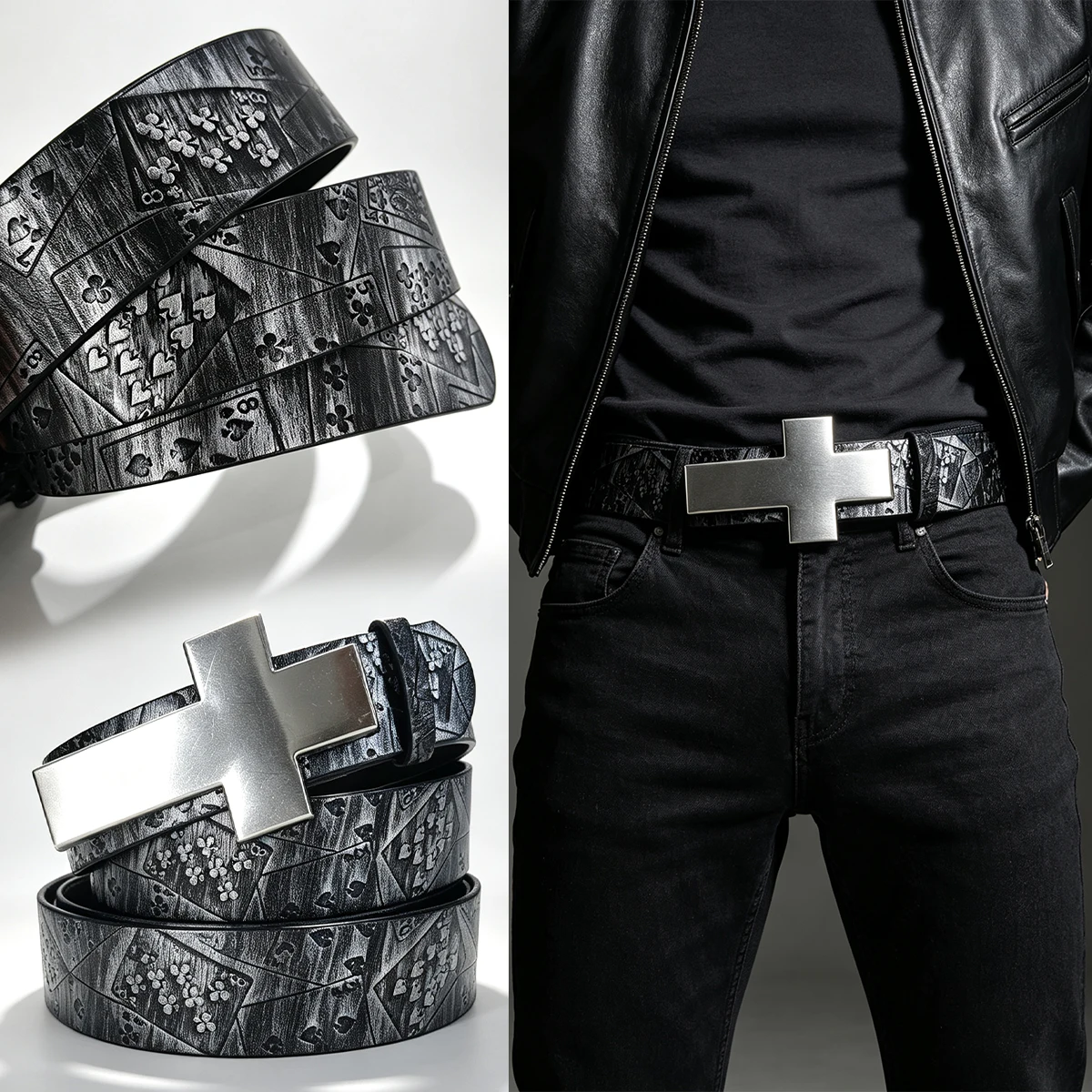 Silver Black Poker Belt For Men and Women Lucky Gamble Poker Metal Buckle Heavy Hip Hop Belt Punk Style Playing Card Street