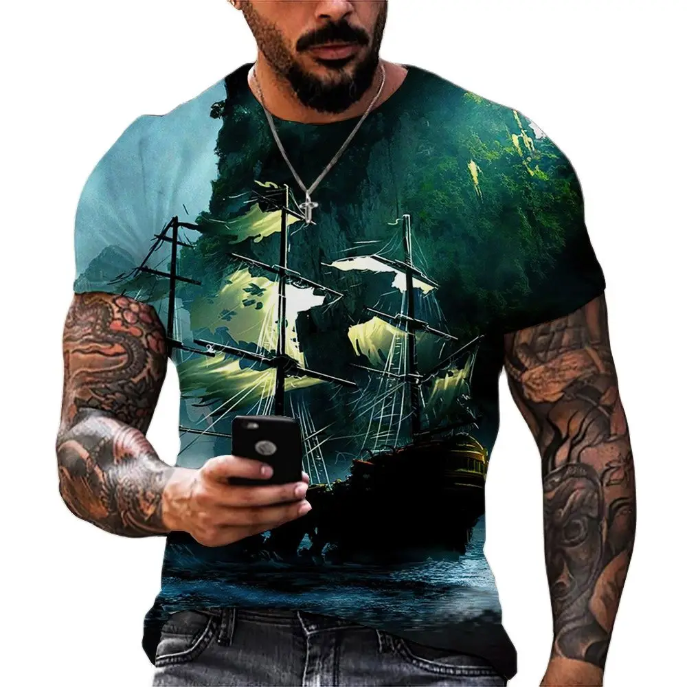 Vintage Men\'s T-shirts 3D Ship Print Short Sleeve Pirate Ship T Shirt For Men Clothing Oversized Tee Shirt Men Camiseta Hombre