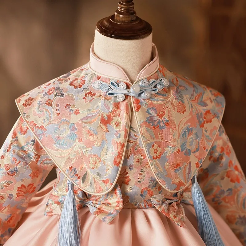 

Платье-тан для девочки, зимнее, в китайском стиле, первое нарядное платье, одежда для дня рождения, розовое