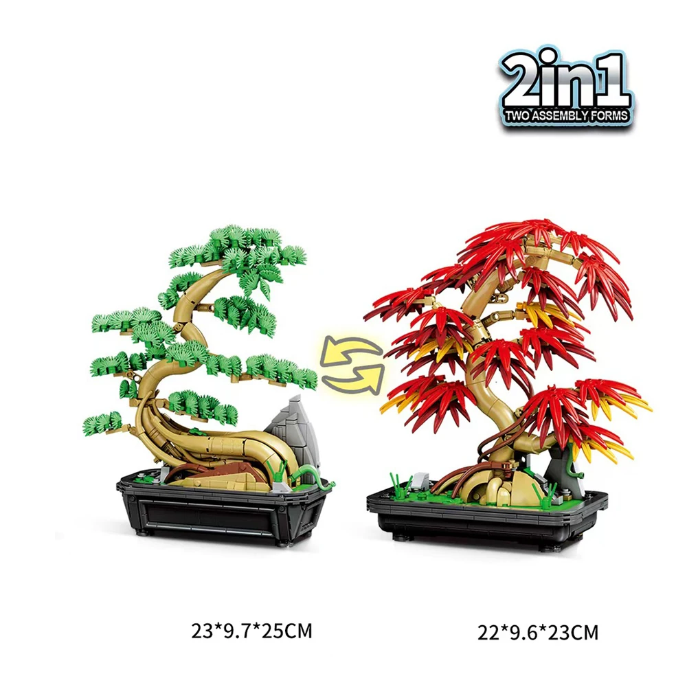 iDEA Maple Leaf Welcoming Pine 2 Modes Building Block Construction Model DIY Brick  Potted Plant Toys Collection For Kids Gifts