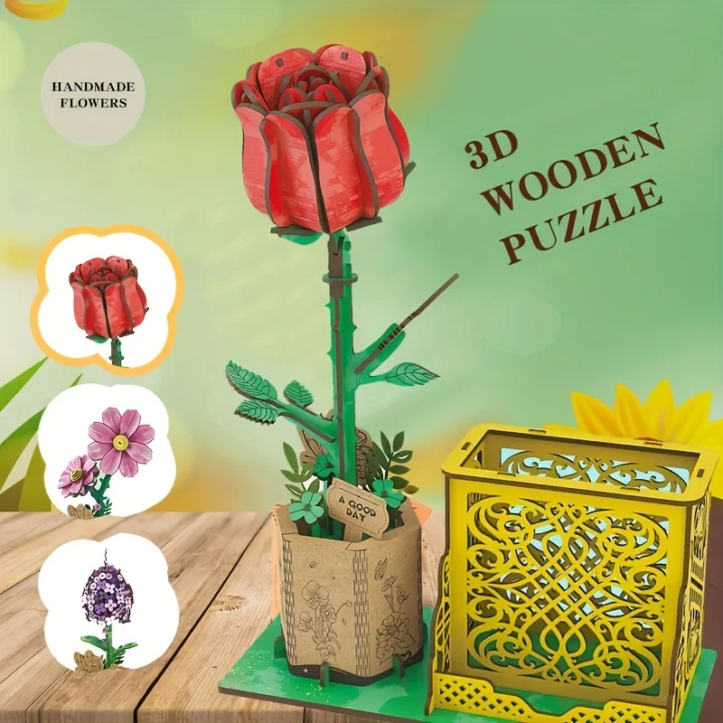 3D-Blumenhandwerk aus Holz, Blumenbausteine, DIY-Modellbausatz