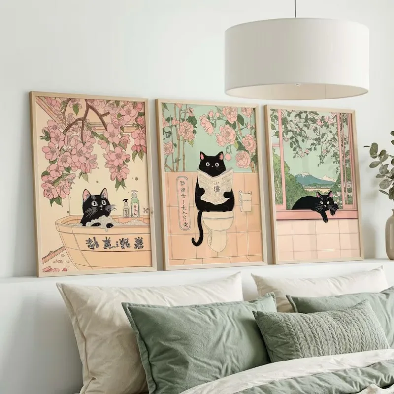Japanese Style Minimalist Noble Tabby Cat Eating Ramen Fuji View Poster Wall Pictures Canvas Painting Home Bathroom Decor
