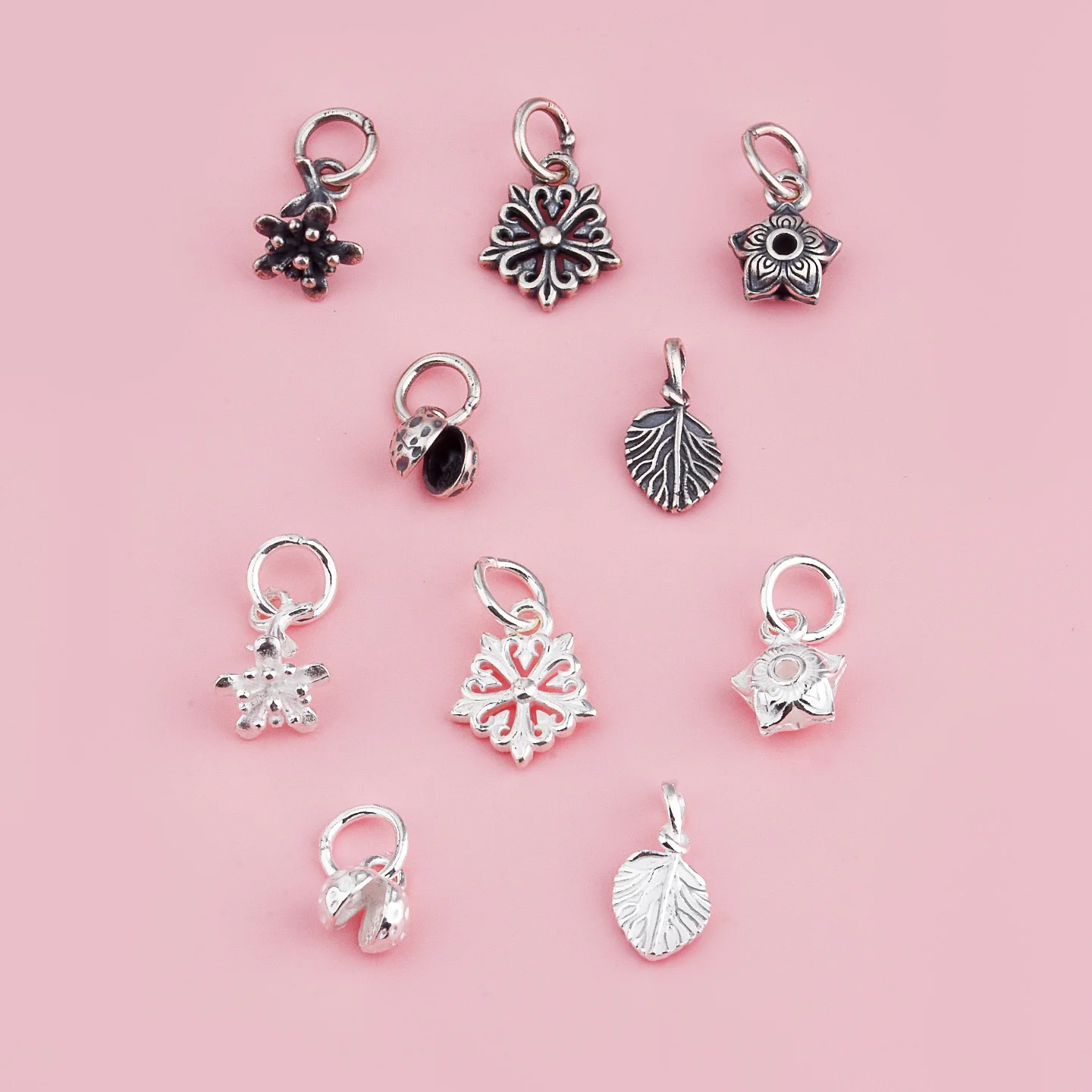 S925 pure silver small pendant, hollow geometric shape, five-petal flower, leaves, open flower, handmade DIY bracelet accessory