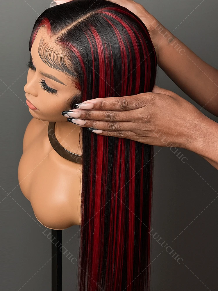 

1B/99J Омбер-черный с красным 5x5 Выделенные кружевные передние парики Бесклеевые человеческие волосы Бразильские бордовые цветные прямые парики