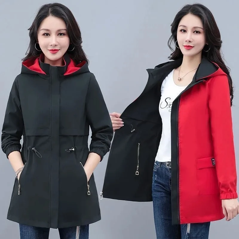 Women Double-Sided Trench Coat 2025 New Spring Autumn Clothes Hooded Large Size Long Windbreaker Jacket Female Outerwear Tops