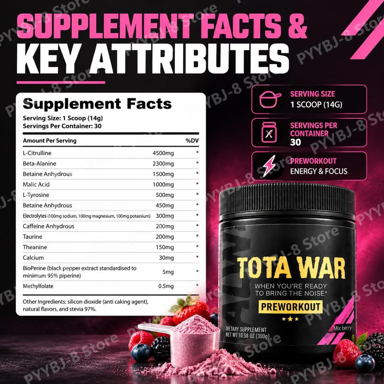 Pre Workout Powder 30 Servings with L-Citrulline 4500mg, Beta-Alanine 2300mg, L-Tyrosine & 200mg Caffeine, Mix Berry Flavor