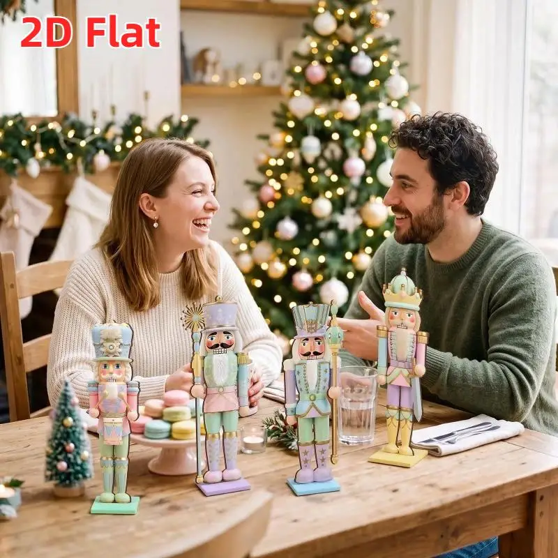 3/4Pcs 2D Flat Pastel Wooden Nutcracker Soldier Set Hand Painted Figurine Christmas Ornament For Home Xmas Tree Party Decor