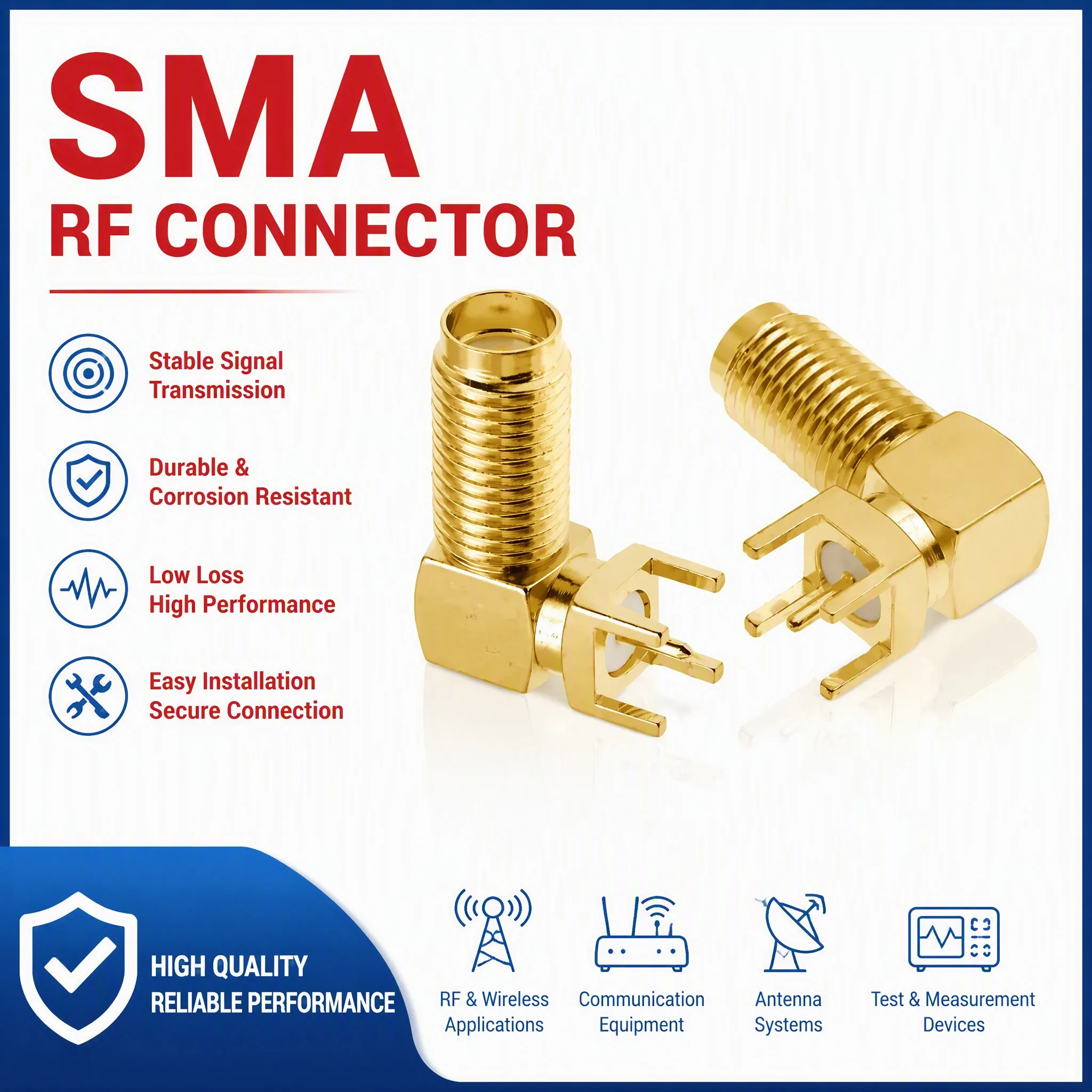 90 Degree Right Angle Male Female Jack 14.5-23mm Sizes SMA PCB Edge Mount Connector