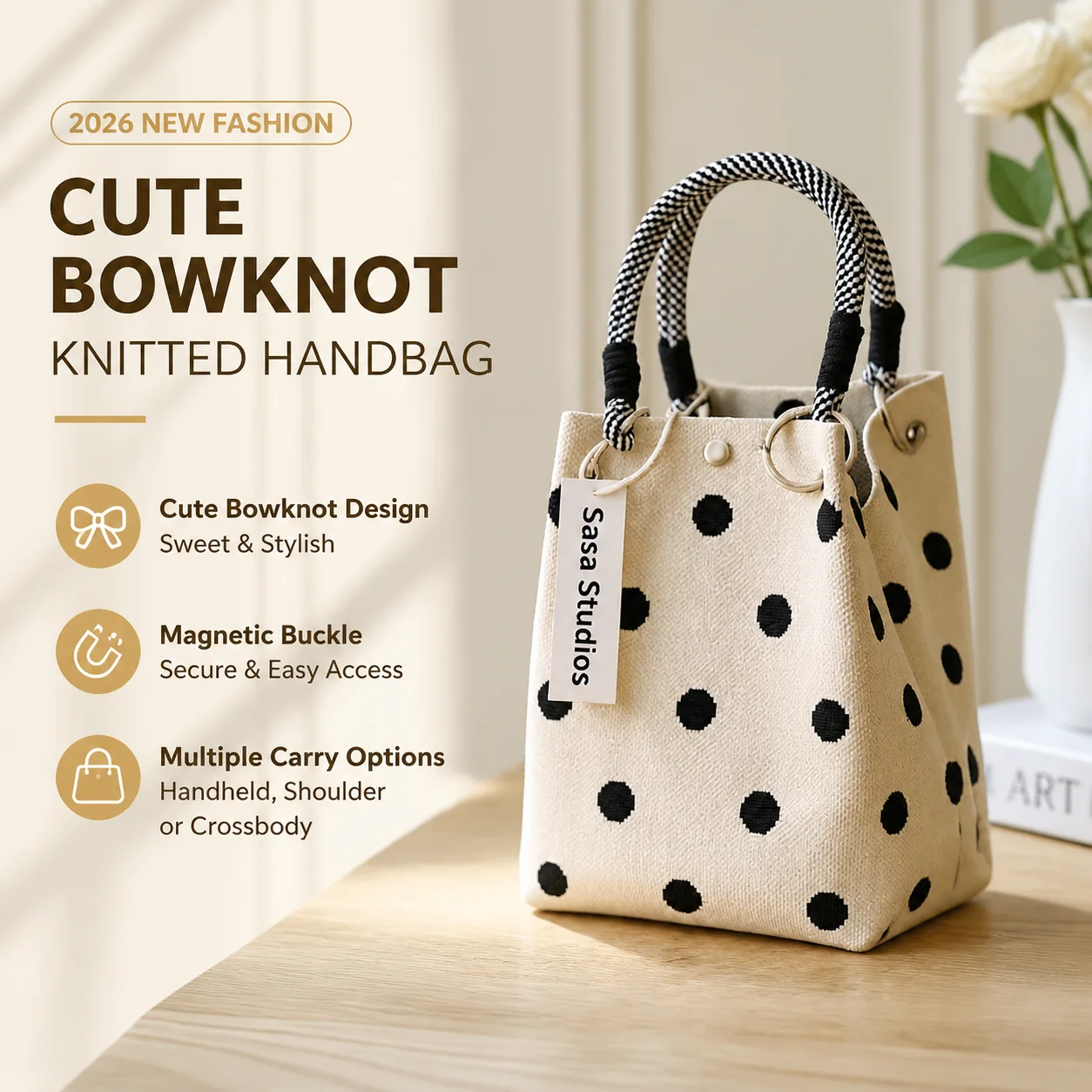 2026 Neu eingetroffene, niedliche, vielseitige Strickhandtasche mit Stereo-Magnetverschluss, modische gewebte Damen-Einkaufstasche für den Alltag – Detail 2