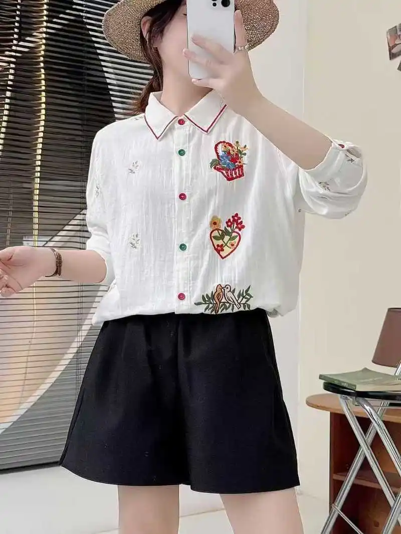 اليابانية الحلو موري فتاة الكرتون الطيور القلب التطريز تي شيرتات قطن المرأة الخريف رفض طوق كم طويل بلوزة غير رسمية