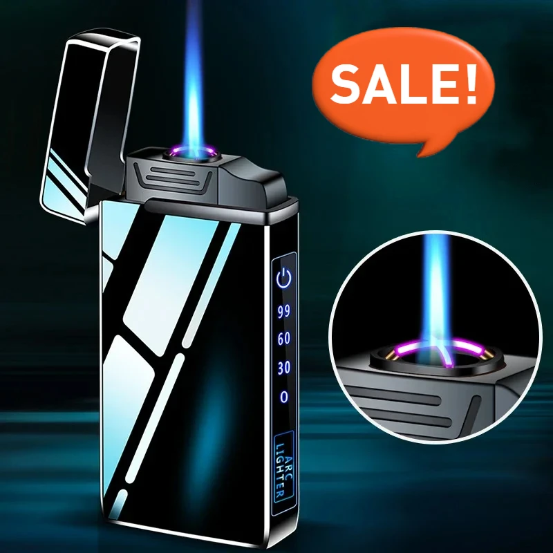 Electric Dual Arc Metal Lighter, Windproof, Rechargeable, Butane Gas, LED Screen Display, Portable, Men Gift, New