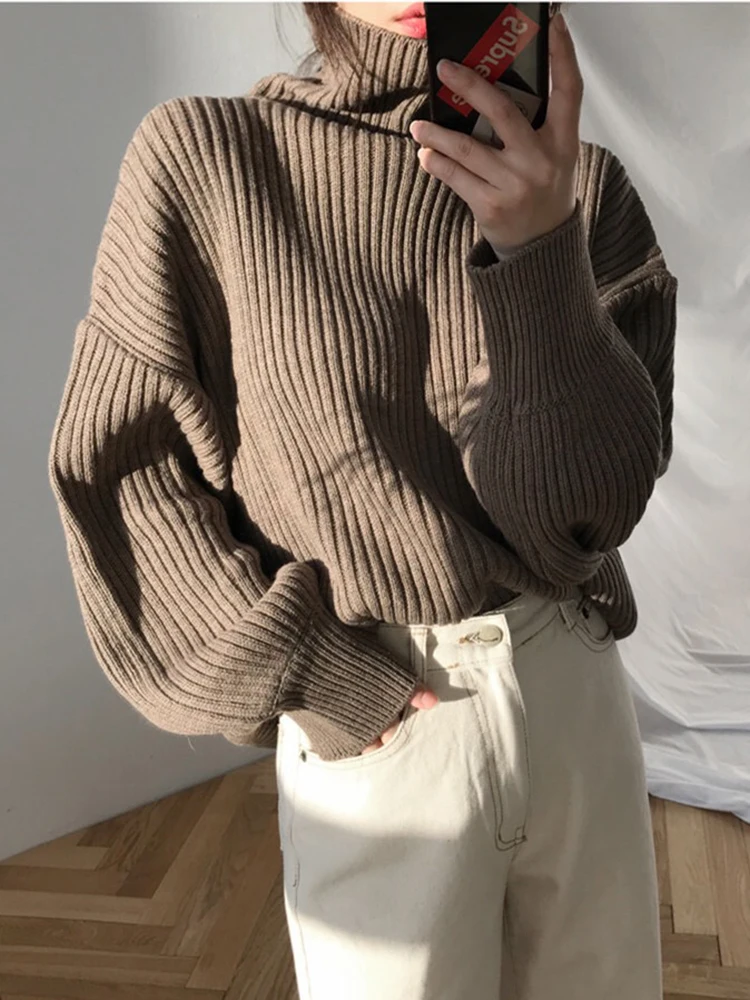 Zoki Korean Simple Turtleneck Sweaters Women Lazy Wind Loose Long Sleeve Office Lady Knitted Pullovers Solid Vintage Autumn Tops