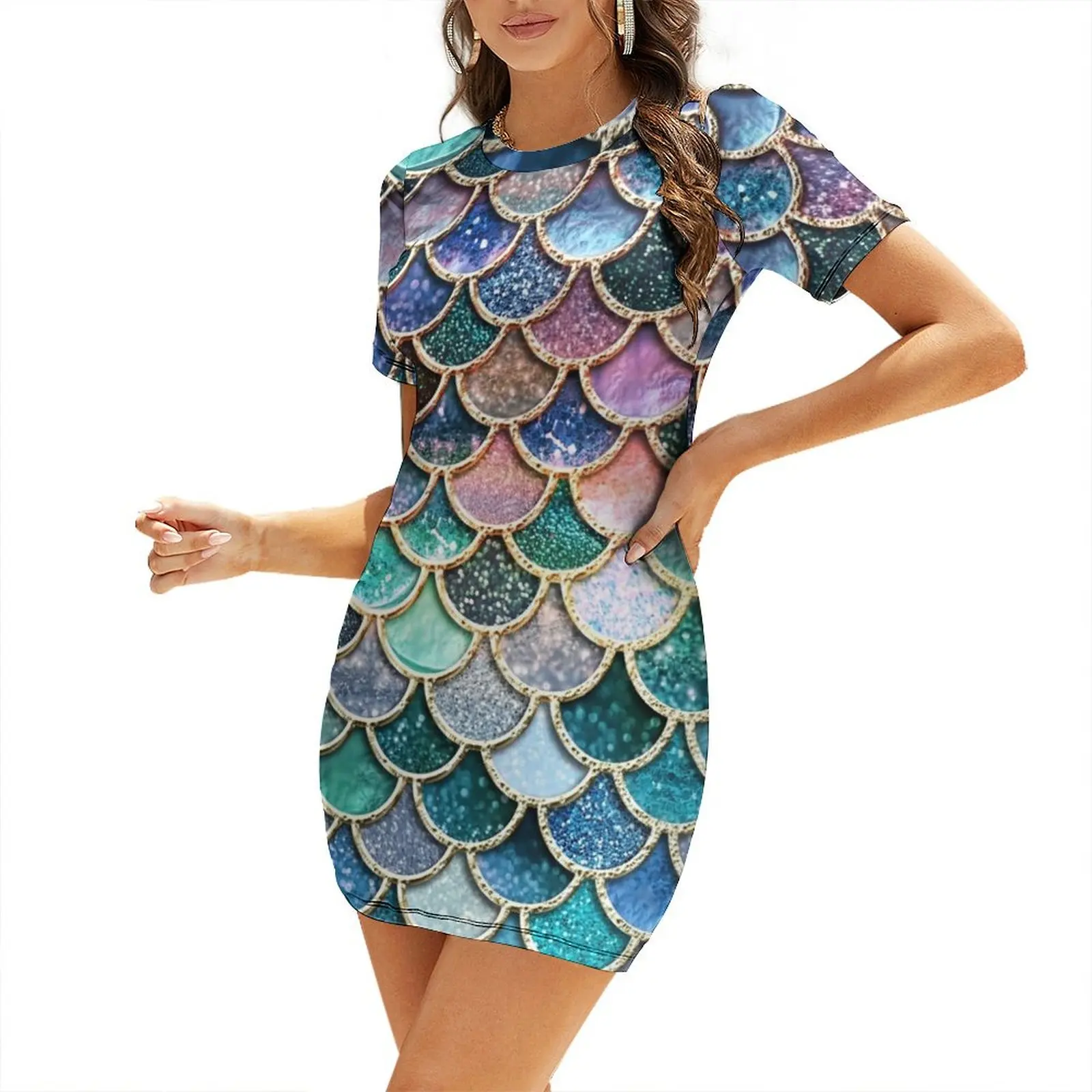 

Teal, Silver and Pink Sparkle Faux Glitter Mermaid Scales Short Sleeved Dress summer dress elegant dresses plus sizes