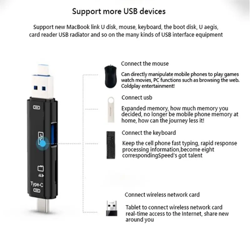 L77A 5 in 1 USB 2.0 Type C/USB /Micro-USB/TF/SD Memory Card Reader OTG Card Reader Adapter Mobile ,Black