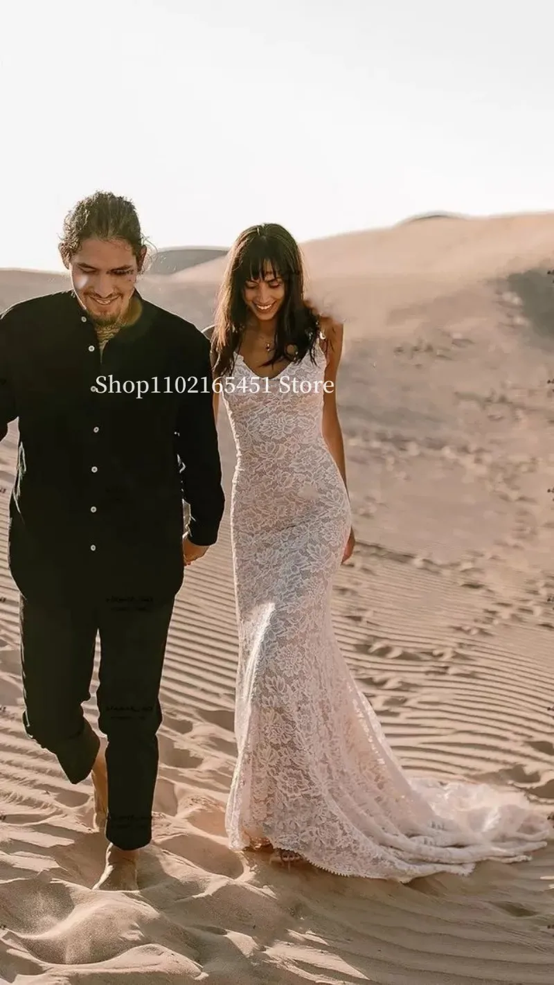 Vestidos de novia bohemios de playa, encaje completo, cola Fariy, sirena, sin espalda, cuello en V, vestidos de novia bohemios para exteriores, bata de novia personalizada