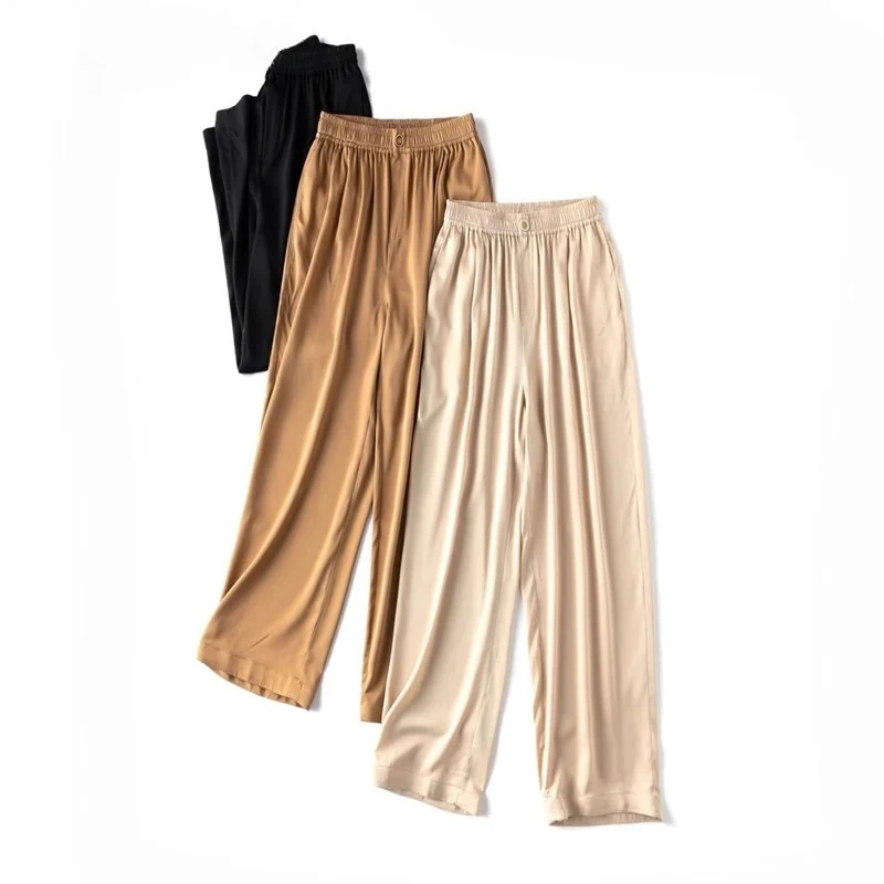 2025 Women's Fashion Clothing 20MM 93% Natural Mulberry Silk Elastic Double Qiao Satin Elastic Waist Haren Casual Pants