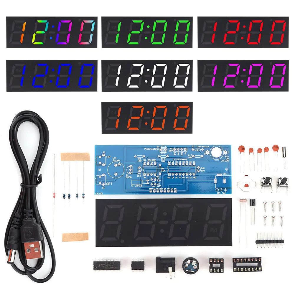 Kit de reloj electrónico Digital LED, conjunto de hora, semana, temperatura, indicador de fecha, reloj electrónico, Kit de experimentos, alimentado por USB