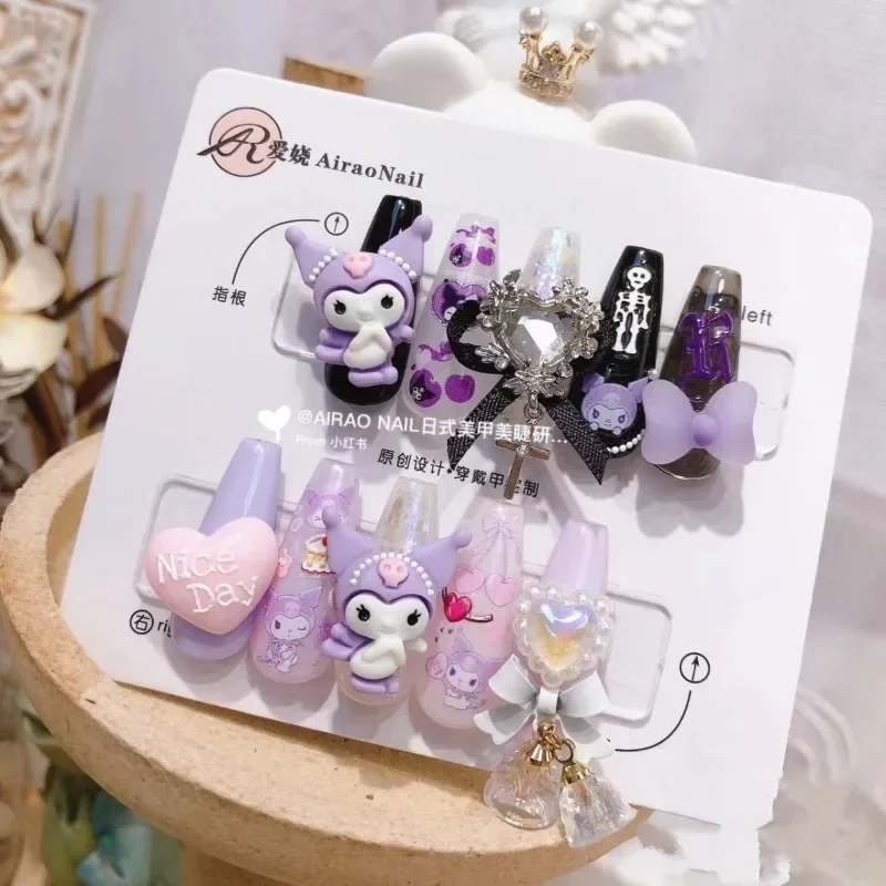 10pcs Girly Heart Kawaii Kuromi Anime MINISO Handcrafted Finger Sticker Cute Cartoon Kuromi Nail Patch Lovely Gifts for Kids