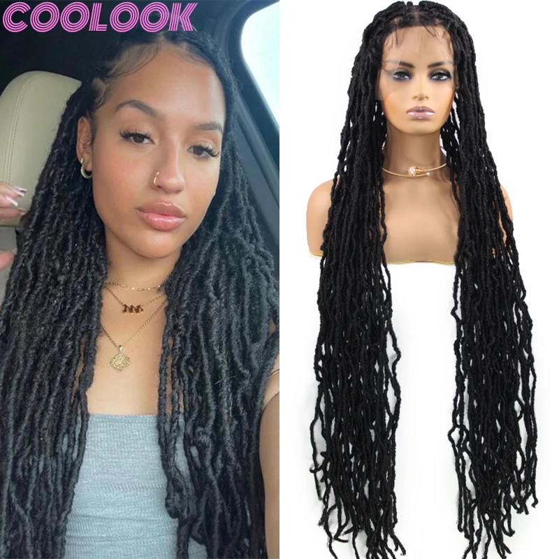 40'' Synthetic Butterfly Locs Braid Wigs Distressed Looped Full Lace Braids Wig with Curly End Knotless Braided Lace Frontal Wig