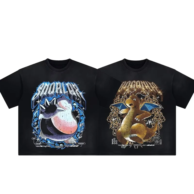 Bandai Men Women T-shirts Japanese Anime Pokémon Snorlax ＆ Charizard Graphic Clothing Harajuku Y2K Oversize 100% Cotton Tops