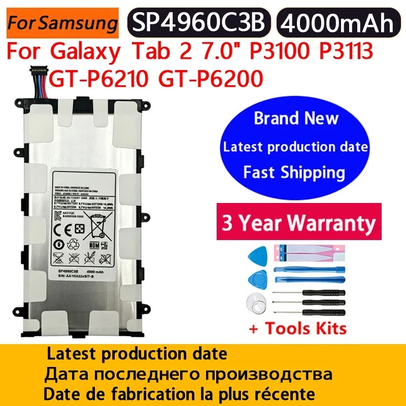 100% SP4960C3B NEW 4000mAh Replacement Tablet Battery For Samsung Galaxy Tab 2 7.0 7.0 Plus GT-P3100 P3100 P3110 P6200+Tools