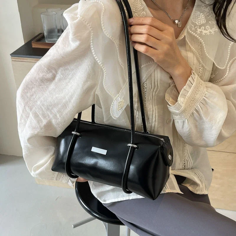 Long Handle PU Boston Shoulder Bags Solid High Quality Simple Designer Style Hand Bags for Women 2024 Fashion Versatile on Sale