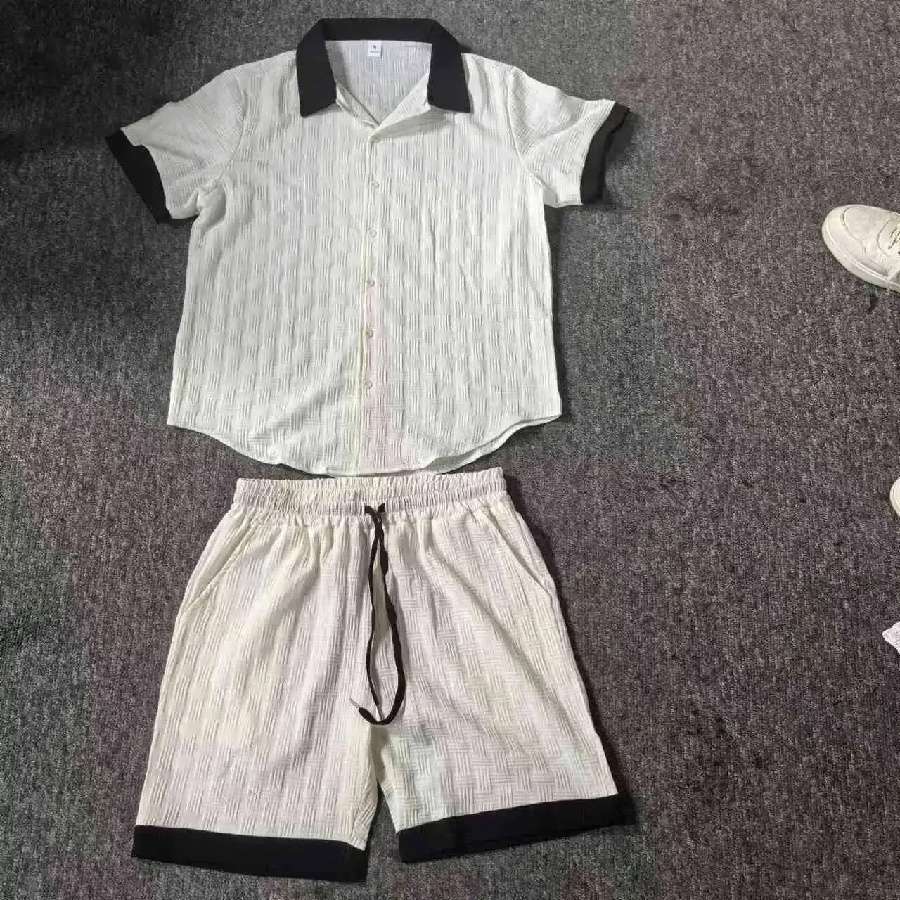 

Men Sets Short Sleeve Shirts Single Breasted Blouses Drawstring Knee Length Pants Two Pieces Shirt Loose Fit Casual 2025 New