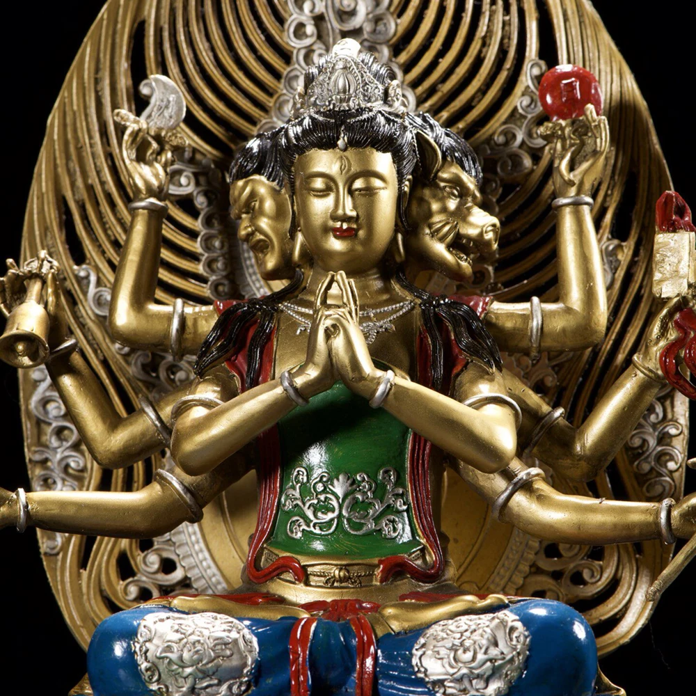 Brass Painted Gold Eight Armed Doumu Goddess Statue Home Altar Desktop Vintage Decor