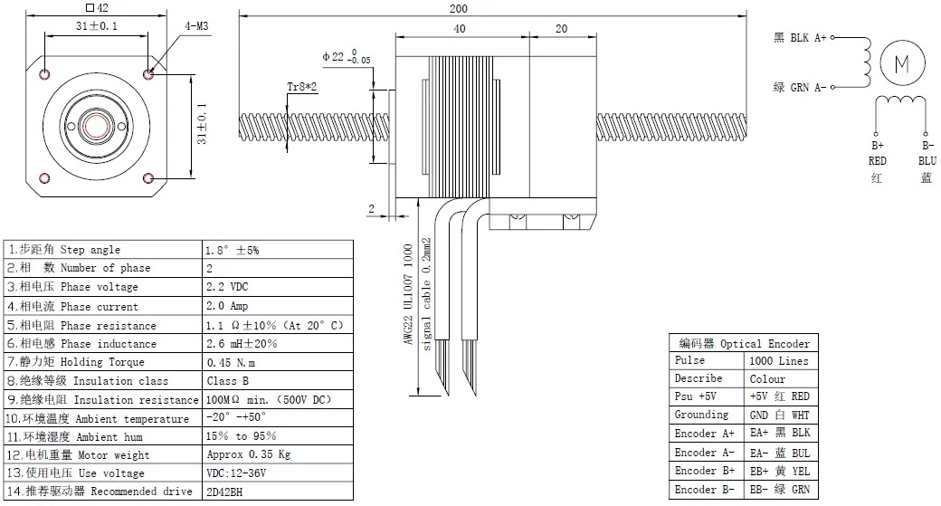 42 Closed-loop Servo Linear Stepper Motor 42 Screw Stepper Motor Through with Encoder,  2mm