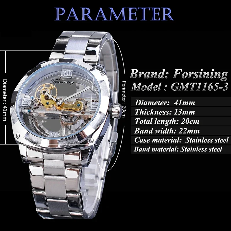 Forsining Top Brands Fashion Casual Mechanical Men Watch Skeleton Hollow Out Business Stainless Male Wristwatch Lover Watches