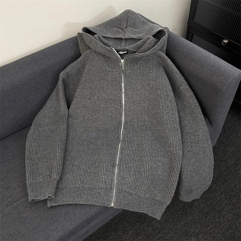 

Ретро американский дизайн, кардиган на молнии с капюшоном, свитер, пальто для мужчин и женщин, ленивое вязаное зимнее повседневное пальто из полиэфирного волокна