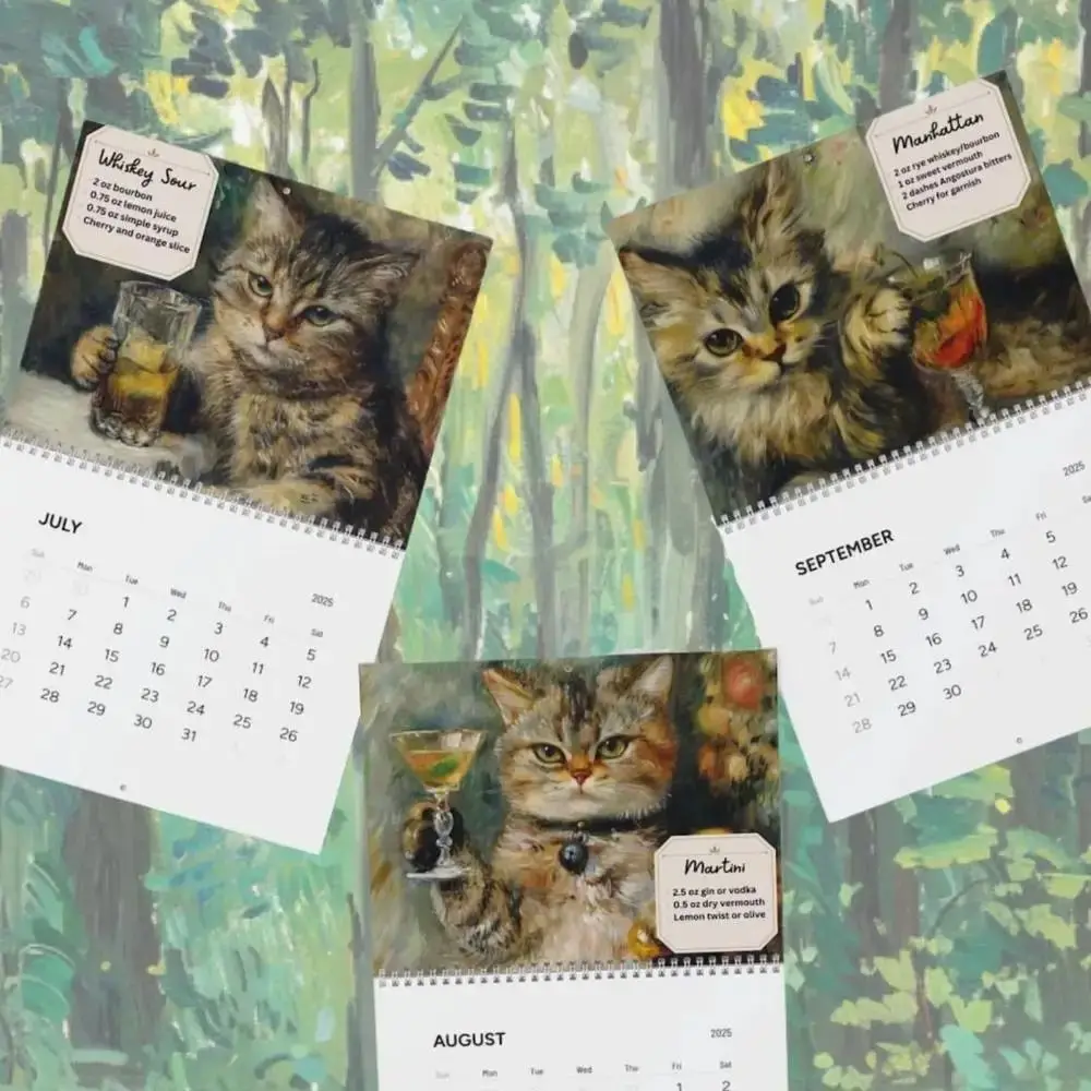 

Daily Weekly Monthly Planner 2025 Cat Cocktails Calendar Hangable Paper Wall Calendar Home Ornaments Animal Pattern